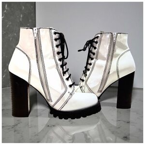 Jeffrey Campbell Cream Leather Lace-Up Heeled Combat Boots | 9.5